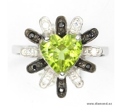 Natural heart 8mm. Rich Green Peridot - 2-tone black rhodium plated , with cz 2-tone 925 silver ring