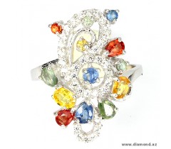 Natural fancy colors Sapphire (Natural) & cubic zirconia 14k white gold plated 925 silver ring.