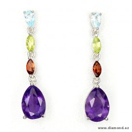 Şəkli böyütmək üçün tiklayın Təbii Ametist, Mozambik Qranatı, Peridot və Topaz ile bəzədilmiş 925 gümüş sırğalar.