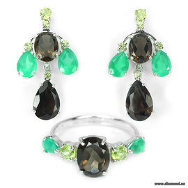 Şəkli böyütmək üçün tiklayın Dumanlı kvars, Peridot & Aventurin ilə bəzədilmiş 925 gümüş zərgərlik dəsti: Sırğa + Üzük.