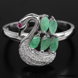 Green Emerald & pink-white CZ 925 silver ring.