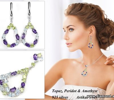 Topaz, Peridot & Amethyst 925 silver jewelry set: earring and pendant.
