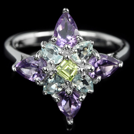 Şəkli böyütmək üçün tiklayın Topaz, Ametist, Peridot ilə bəzənmiş 925 gümüş üzük.