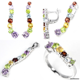 Şəkli böyütmək üçün tiklayın Təbii Ametist, Qranat, Peridot, Sitrin, Topaz ilə bəzənmiş 925 əyarlı gümüş zərgərlik dəsti: sırğalar + kulon + üzük.
