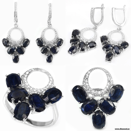 Blue Sapphire & white CZ 925 silver jewelry set: earring and ring.