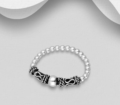 925 Sterling Silver Oxidized Elastic Balinese Beaded Ring