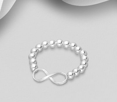 925 Sterling Silver Elastic Ring Featuring Infinity Symbol and Ball Beads