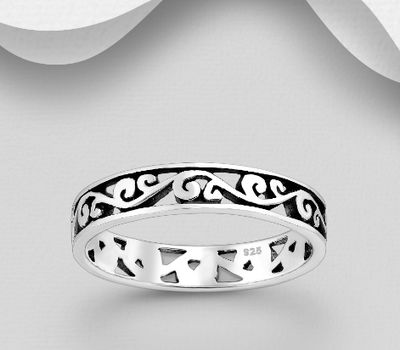 925 Sterling Silver Oxidized Swirl Band Ring, 4 mm Wide.