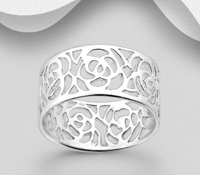 925 Sterling Silver Rose Band Ring, 9.5 mm Wide