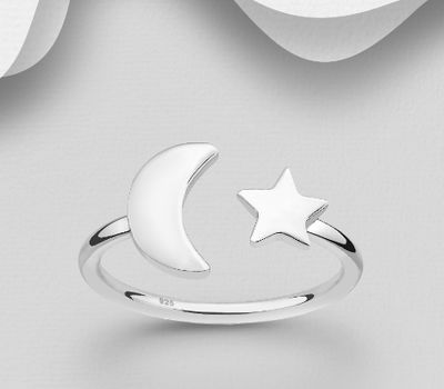 925 Sterling Silver Adjustable Ring Featuring Moon and Star