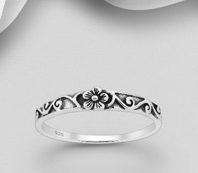 925 Sterling Silver Oxidized Flower and Swirl Ring