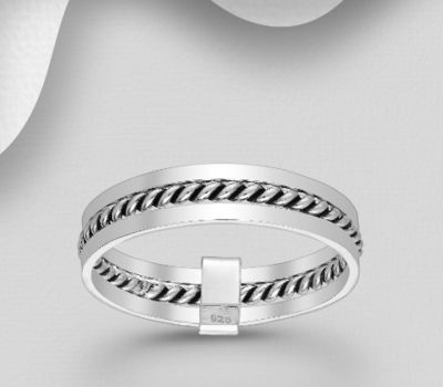 Set of 3 Sterling Silver Bound Band Rings Featuring Oxidized and Twisted Ring Between.