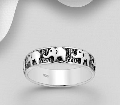 925 Sterling Silver Oxidized Elephant Band Ring, 5 mm Wide
