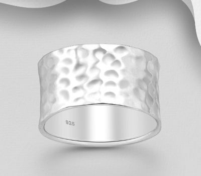 925 Sterling Silver Hammered Band Ring, 11.5 mm Wide
