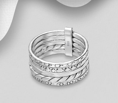 Set of 5 Sterling Silver Oxidized Textured Bound Band Ring