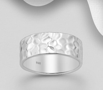 925 Sterling Silver Hammered Band Ring, 7.5 mm Wide