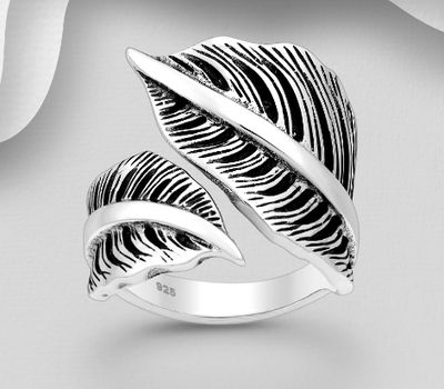 925 Sterling Silver Adjustable Oxidized Leaf Ring