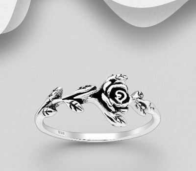 925 Sterling Silver Oxidized Leaf and Rose Ring