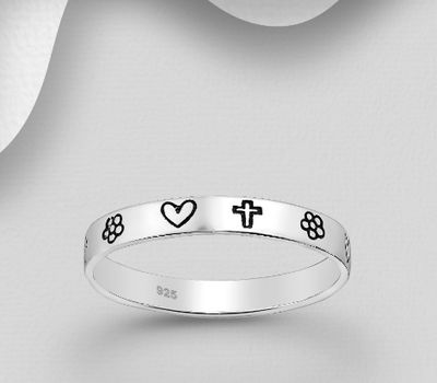 925 Sterling Silver Oxidized Heart, Flower and Cross Band Ring, 3 mm Wide