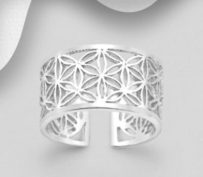 925 Sterling Silver Adjustable Flower of Life Ring