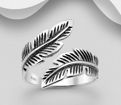 925 Sterling Silver Oxidized Adjustable Feather Ring
