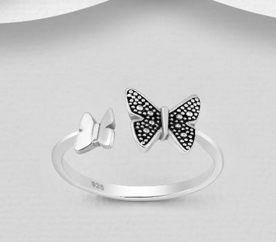 925 Sterling Silver Adjustable Oxidized Butterfly Ring