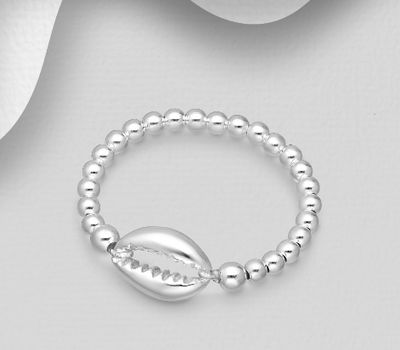 925 Sterling Silver Ball Elastic Ring Featuring Shell