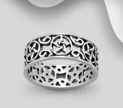 925 Sterling Silver Oxidized Celtic Star Band Ring, 9 mm Wide