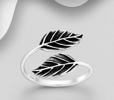 925 Sterling Silver Adjustable Oxidized Leaf Ring
