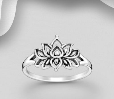 925 Sterling Silver Oxidized Lotus Ring