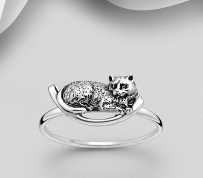 925 Sterling Silver Oxidized Cat Ring