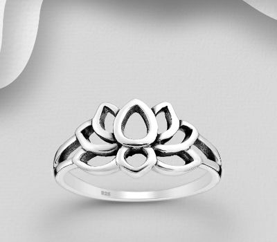 925 Sterling Silver Oxidized Lotus Ring