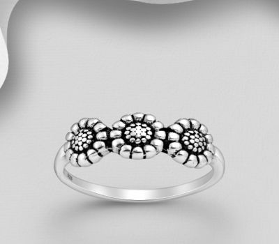 925 Sterling Silver Oxidized Flower Ring