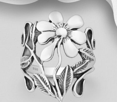 925 Sterling Silver Oxidized Flower and Leaf Ring