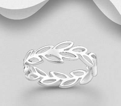 925 Sterling Silver Leaf Band Ring, 5 mm Wide.