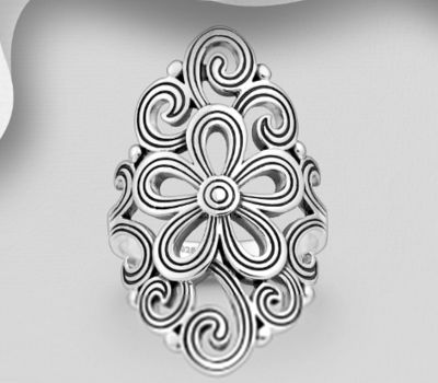925 Sterling Silver Oxidized  Flower Long Ring