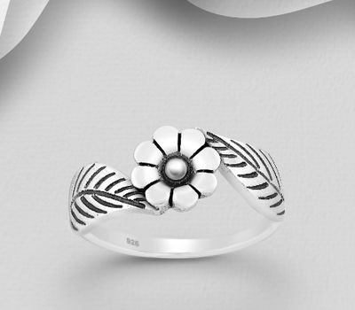 925 Sterling Silver Oxidized Flower and Leaves Ring