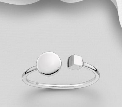 925 Sterling Silver Adjustable Ring Featuring Circle and Cube