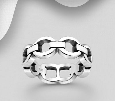 925 Sterling Silver Oxidized Links Band Ring, 8 mm Wide