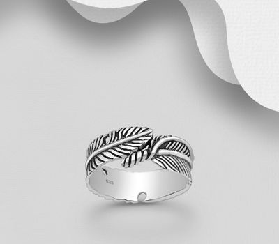 925 Sterling Silver Adjustable Oxidized Feather Ring