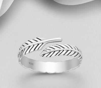 925 Sterling Silver Adjustable Feather Ring