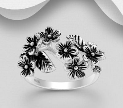 925 Sterling Silver Oxidized Flower Ring