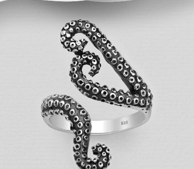 925 Sterling Silver Adjustable Oxidized Ring Featuring Octopus Tentacle