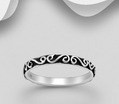 925 Sterling Silver Oxidized Swirl Band Ring, 3 mm Wide.