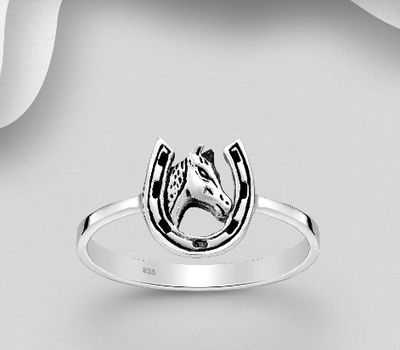 925 Sterling Silver Oxidized Horse and Horseshoe Ring