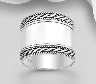 925 Sterling Silver Oxidized Weave Pattern Ring, 17 mm Wide.