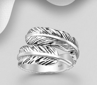 925 Sterling Silver Adjustable Oxidized Feather Ring