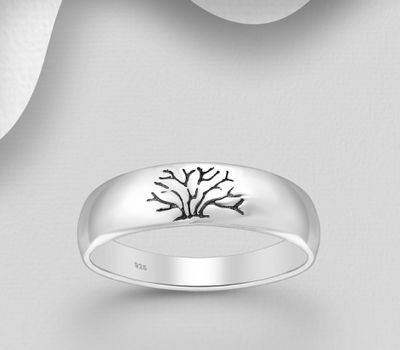 925 Sterling Silver Oxidized Tree of Life Band Ring, 5 mm Wide