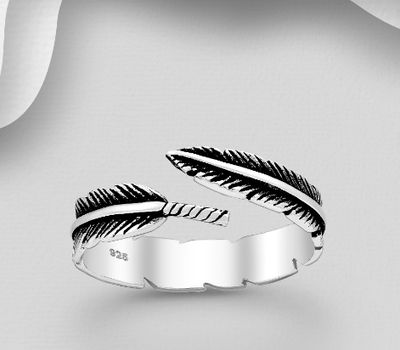 925 Sterling Silver Adjustable Oxidized Feather Ring