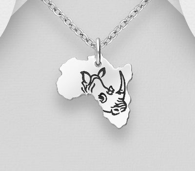 925 Sterling Silver OxidizedAfrica Map Pendant, Featuring Engraved Rhinoceros